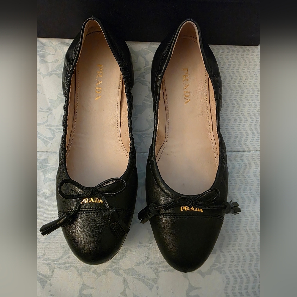 Prada Black Leather Flats with Bow Detail